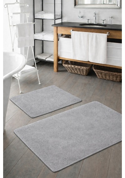 Buççin Online Mağaza Peluş Yıkanabilir Gri Kaymaz Taban 2'li Banyo Paspası Takımı 50x80 50x40 Polyester Gri Çok Renkli
