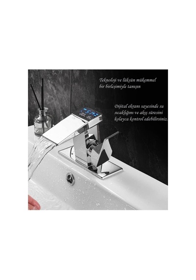 Rena Design Dijital Sıcaklık Göstergeli Krom Lavabo Bataryası Musluğu Çiftgirişli Krom Armatür Sayaç Ekran Yeni Inox