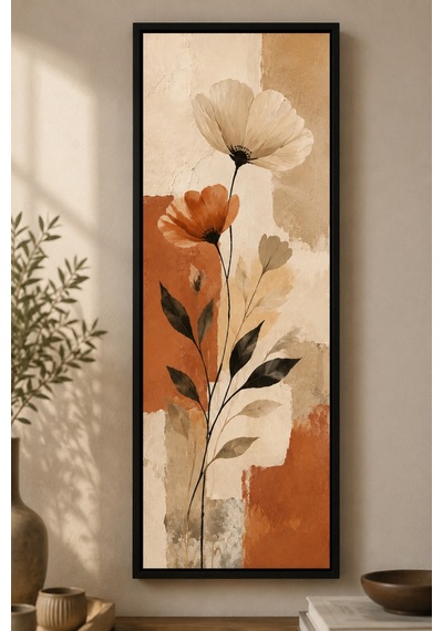 Minimalist Botanik Çiçek Tablosu 25x60 Cm Siyah Çerçeveli Modern Duvar Dekoru Bej & Terracotta
