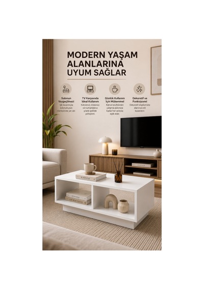 Modern Beyaz Orta Sehpa Açık Raflı Çok Amaçlı Salon Sehpası 90x45x30 Cm Beyaz Beyaz
