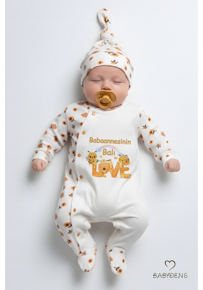 Babyden's Babaannesinin Balı Yazılı Yenidoğan Bebek Tulum Şapka Set Arı Desenli Çıtçıtlı Unisex Tulum Ekru - Çok Renkli