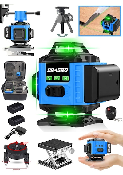 DRG-TLZR128 128 Vf Mavi 12 Köşe Otomatik Hizalama Lazer Metre 360 Derece Yatay Dikey Çapraz Kumandalı Çantalı