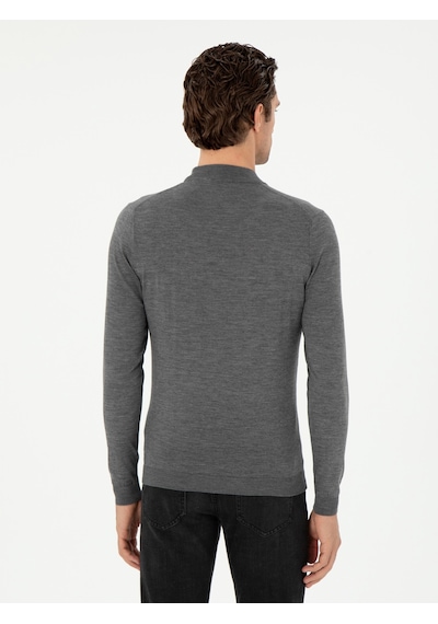 Cacharel Gri Slim Fit Kaşmir İpek Karışımlı Çeyrek Balıkçı Yaka Triko Kazak