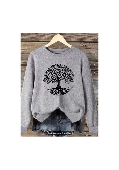 Herkesemoda Ağaç Baskı Detaylı Bisiklet Yaka Sweatshirt Gri