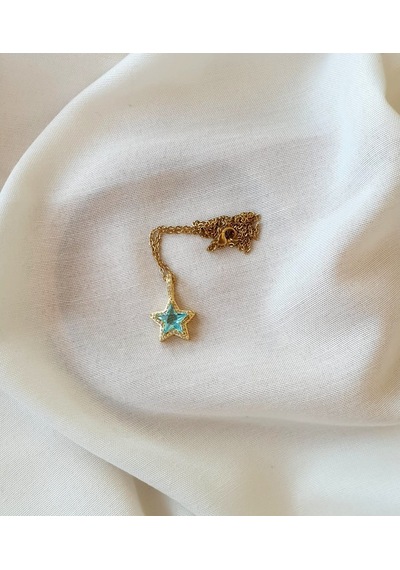 Yıldız Altın Kaplama Zirkon Mavi Taşlı Kolye Metalik