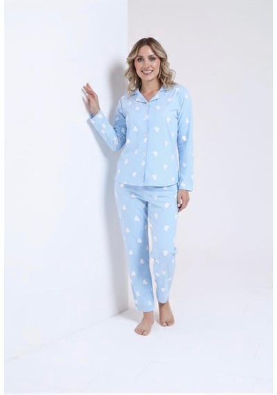 Kadın Açık Mavi Kalp Desenli Düğmeli Uzun Kollu Pamuk Pijama Takımı Mavi