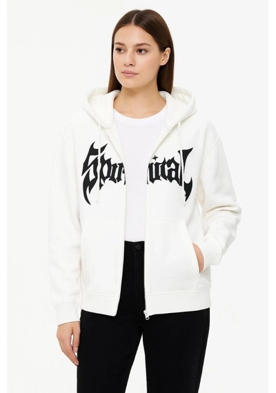 Defymoda Oversize Kapüşonlu Sweatshirt Hoodie 3 İplik Şardonlu Pamuklu Kumaş, Önü Baskılı, Fermuarlı Rahat Ka Beyaz