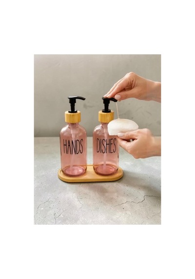 Bambu Stantlı Antrasit 2'li Cam Sıvı Sabunluk Seti 350ml Pembe Pembe
