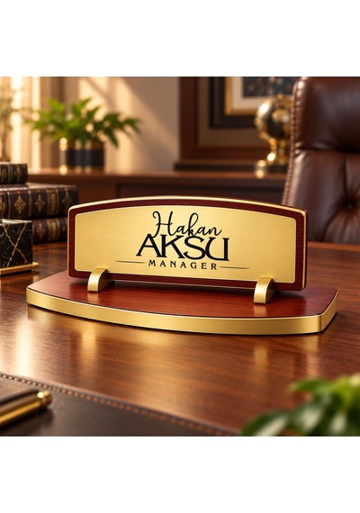 Bk Gift Kişiye Özel Ahşap Masa İsimliği Gold Plakalı Bk27 -3 Çok Renkli
