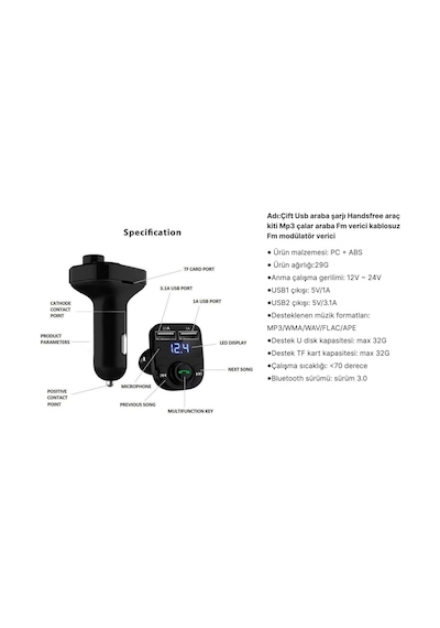 Tr Bluetooth Kablosuz Araç Kiti Ve Hızlı Şarj Cihazı Bakır Sargı Akım Korumalı Fm Transmitter Net Ses