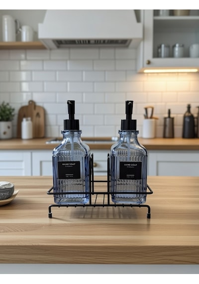 Modern Çizgili - Kabartmalı Cam İkili Sıvı Sabunluk & Deterjanlık Seti - 500ml Standlı Mutfak Ve Banyo Organizeri Mavi