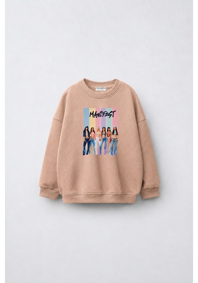 Fasardi Super Bear Adventure Baskılı Oversize 3 İplik Şardonsuz Uzun Kollu Unisex Çocuk Sweatshirt Bej