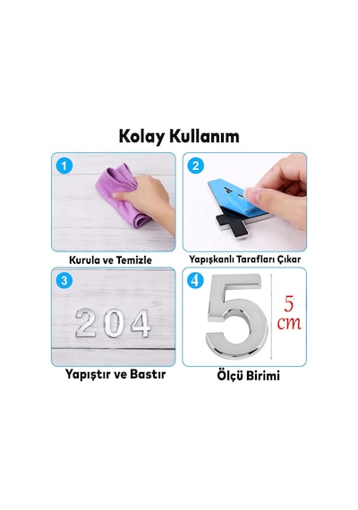 Yapışkanlı Kapı Numarası Küçük Boy 50 Mm 5 Cm Numara 5 Rakam Beş Sayısı Krom Renk Numaralar 1 Adet