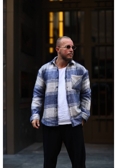 Unisex Jakarlı Oversize Mavi Gömlek Mavi