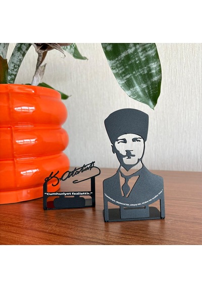 Atatürk Silüet & İmza Metal Masa Dekoru Kişiye Özel Yazı Seçene