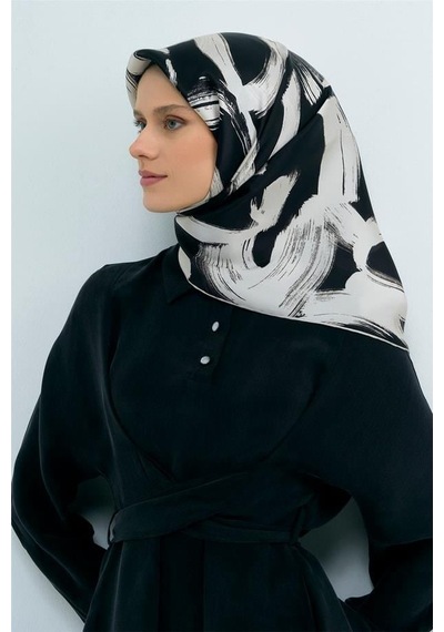 Armine İpek Eşarp 2026 Yaz - 9555-06 Siyah Krem Twill