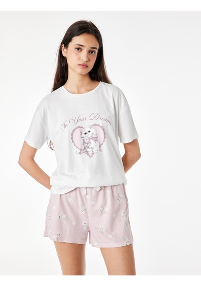Koton Pamuklu Bisiklet Yaka Kısa Kollu Pijama Takımı Pembe Desenli 6slk40146mk