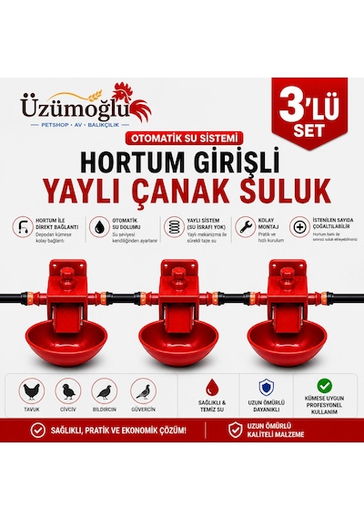 3 Adet Hortum Girişli Yaylı Çanak Suluk Otomatik Tavuk Civciv Suluk Sistemi