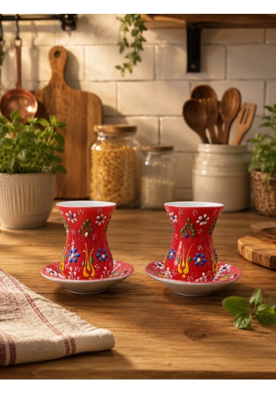 El İşlemeli Çiçek Desenli 2li Çay Bardağı Takımı Kırmızı