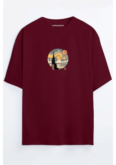 Yıldızlı Gece Tablosu Unisex Siyah Beyaz Oversize T-shirt Bordo