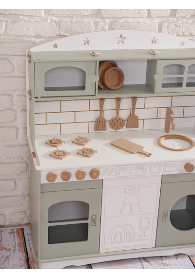 Boyalı Ihlamur Ahşap Oyuncak Bulaşık Makine Detaylı Mutfak Tabak Ve Spatula Seti Hediye