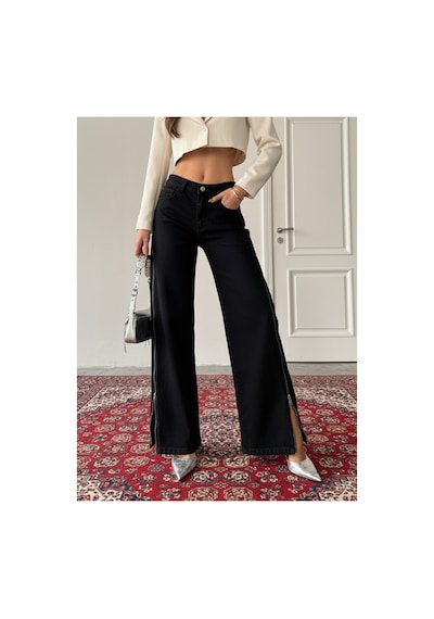 Blue Marlın Yan Fermuarlı Uzun Boyfriend Bol Paça Jeans Siyah