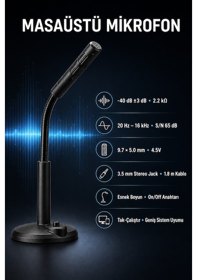 Masaüstü Pc Mikrofonu 3.5 Mm Jack Esnek Boyunlu Açma Kapama Tuşlu Oyun Yayın Ve Ders Mikrofonu Siyah Tak-çalıştır