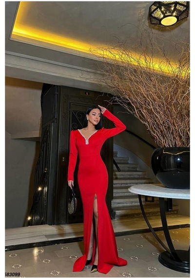 DefyModa Kadın V Yaka Taş Detaylı Uzun Kollu Abiye Elbise Kırmızı
