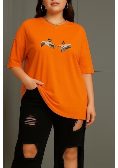 Büyük Beden Özgürlük Baskılı Unisex Tişört Turuncu