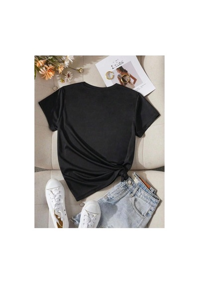 Medinenur Leopar Desenli Kurdele Detaylı Basic T-shirt Siyah