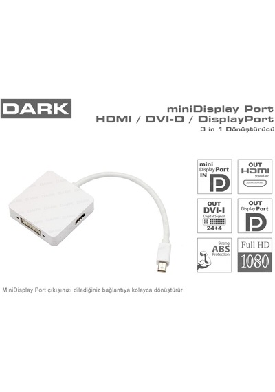 Dark Mini Display Port To Display Port/Hdmı/Dvı Üçlü Dönüştürücü