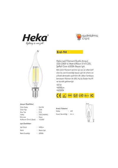 Heka 10'lu Led Filament Rustik Ampul Kıvrık Uç 6w E14 6500k Beyaz Işık