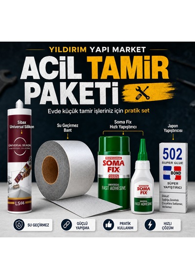 Acil Tamir Paketi 4 Lü Set: Universal Silikon, Su Geçirmez Bant, Hızlı Yapıştırıcı Ve Japon Yapıştırıcısı Adet-4 Adet
