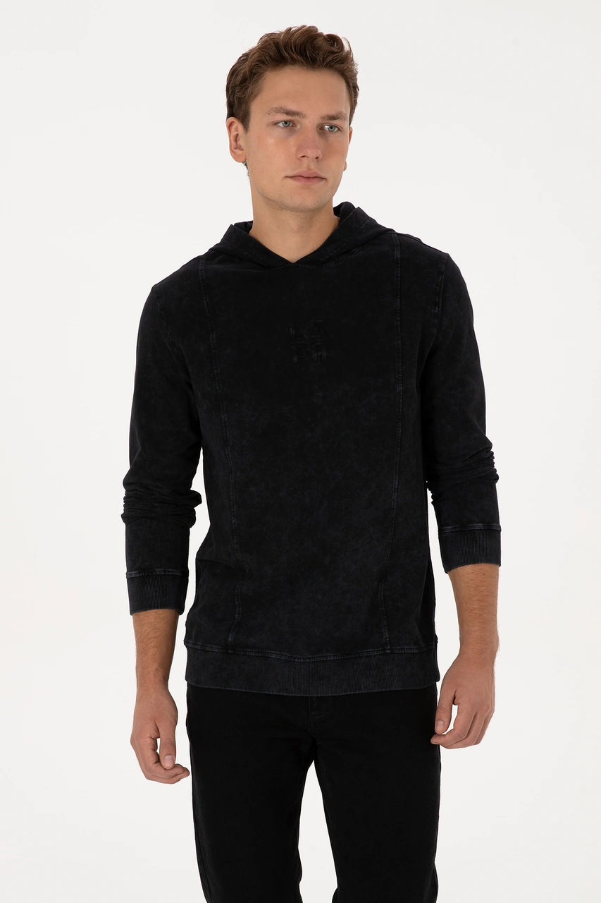 U.S. Polo Assn. Erkek Regular Fit Kapüşonlu Yıkamalı Siyah İnce Sweatshirt 50315493-VR046