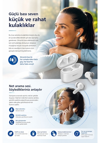 Philips TAT1149WT/00 True Wireless Bluetooth 5.4 Dynamic Bass IPX4 Kulak İçi Kulaklık