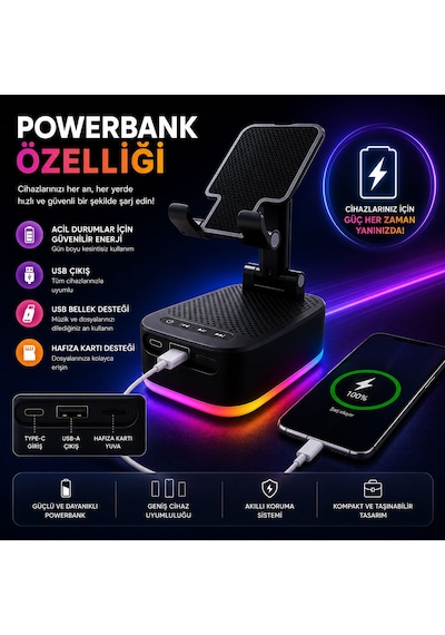 Rgb Ledli 3 In 1 Telefon Tutucu Powerbank Ve Bluetooth Hoparlör Özellikli Tf Kart Ve Usb Bellek Destekli Taşınabilir Telefon Tutucu
