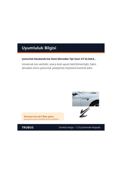 Trobus Çamurluk Havalandırma Venti Mercedes Tipi Uzun 2'li 32,5x9,8 Cm Parlak Siyah