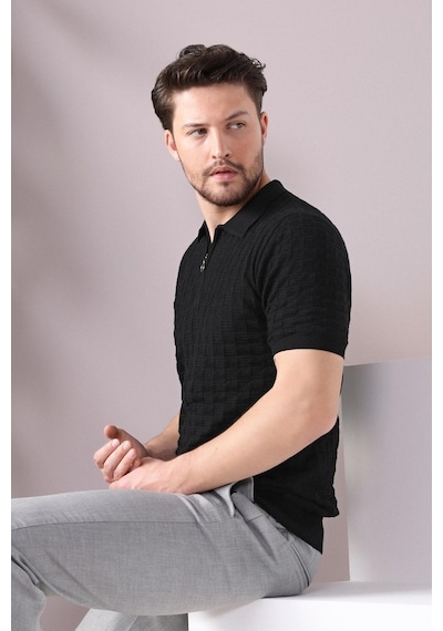 Ferraro Siyah Polo Yaka Fermuarlı Erkek Pamuk Triko T-Shirt-Siyah (429067832) Siyah