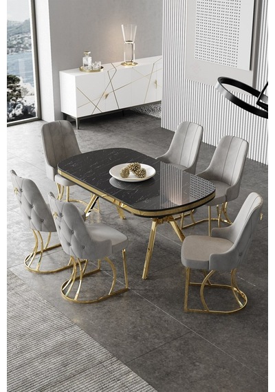 Canisa Epal Serisi 90x168 Lak Panel Siyah Mermer Desen Masa Takımı Gold Ayaklı 6 Gri Sandalye Masa Siyah Mermer Desen Sandalye Gri Canisa Epal Serisi 90x168 Lak Panel Siyah Mermer Desen Masa Takımı Gold Ayaklı 6 Gri Sandalye Masa Siyah Mermer Desen Sandalye Gri