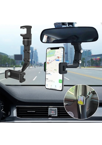 Araç Oto Dikiz Aynası Çok Amaçlı Telefon Tutucu 360 Derece Dönebilir 1-black