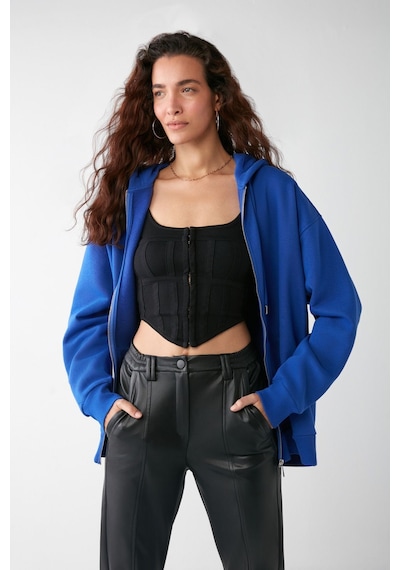 Grımelange Alena Kadın Basic Kanguru Cepli Oversize Organik Pamuk Fermuarlı Kapüşonlu Saks Mavi Sweatshirt Grımelange Alena Kadın Basic Kanguru Cepli Oversize Organik Pamuk Fermuarlı Kapüşonlu Saks Mavi Sweatshirt