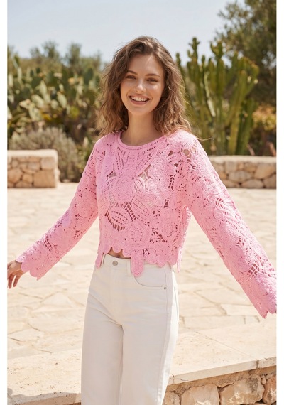 Sayzen Your Shine Dantel Işleme Crop Bluz Sy-shn04 Pembe