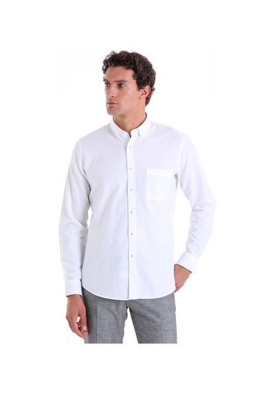 Hatemoğlu Beyaz Comfort Fit Düz 100% Pamuk Düğmeli Yaka Uzun Kollu Casual Oxford Gömlek Beyaz