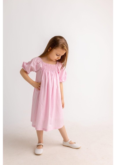 Oliventhekid Pembe Sıra Lastikli Kız Çocuk Elbise Pembe Pembe