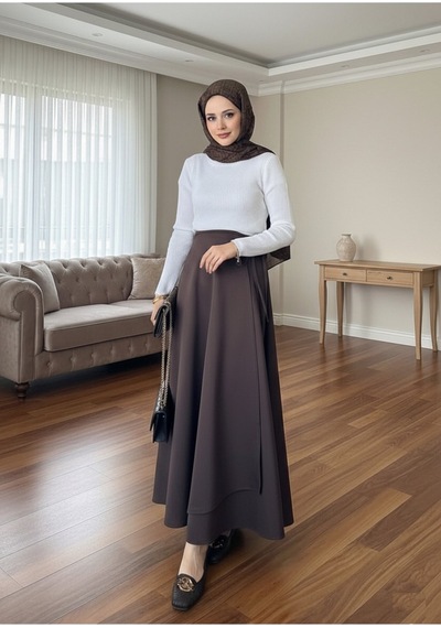 Unika Boutique Yandan Bağlamalı Tesettür Uzun Etek Kahverengi