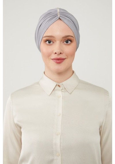 Melodi Scarf Kadın Tesettür Taşlı Dış Bone Açık Gri Açık Gri