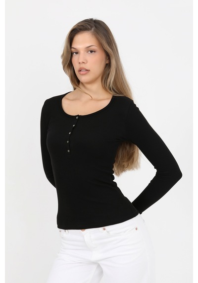 Hdm Kadın Siyah Uzun Kollu Fitilli Patlı Düğmeli Basic Örme Bluz - H6162