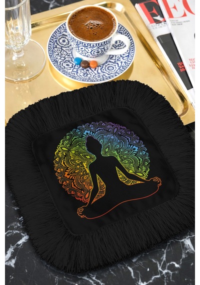 Mandala Meditasyon Sanatı Püsküllü Sunum Peçetesi - Yoga Bohem Siyah Renkli Bardak Altlığı Mendil Çok Renkli