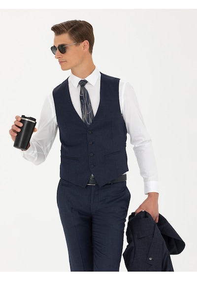 Cacharel Lacivert Slim Fit Yün Karışımlı Çizgili Klasik Yelek