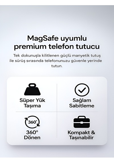 Magsafe Uyumlu 360 Ayarlanabilir Mıknatıslı Araç İçi Telefon Tutucu Torpido Montajlı Stand Siyah